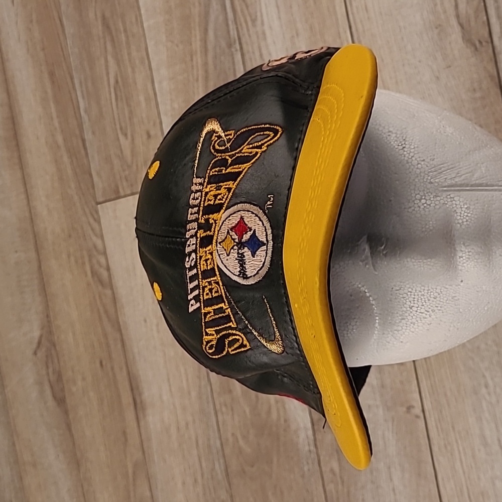PITTSBURGH STEELERS NFL Black Gold Modern‎ USA Leather Snapback Cap Hat VTG RARE